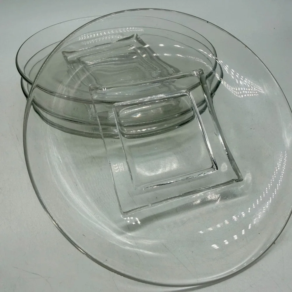 Unbranded Clear Glass Round Snack Plates with Square Center Set of 4 Excellent